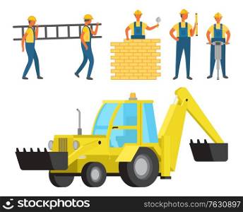 People on construction, isolated team of workers and machinery. Excavator and person building wall with bricks, workman with ladder drill ladder. Vector illustration in flat cartoon style. Construction Workers and Equipment Machinery Set