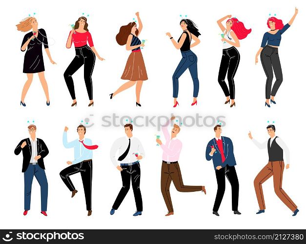 People on corporate party set. Cartoon happy men and women dancing in trendy costumes and drinking wine, vector illustration concept of business rest after teamwork. People on corporate party set