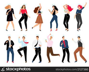 People on corporate party set. Cartoon happy men and women dancing in trendy costumes and drinking wine, vector illustration concept of business rest after teamwork. People on corporate party set