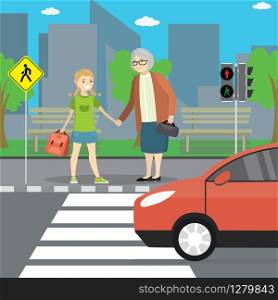 People on crosswalk,Grandmother and girl stand on city street,flat vector illustration
