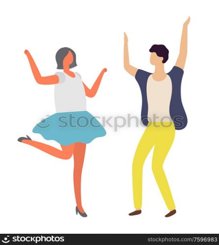 People on dance floor, man and woman clubber with rising hands isolated on white, portrait view of dancing girl and boy, disco person, holiday vector. Dancing Man and Woman, Disco Party, Dancer Vector