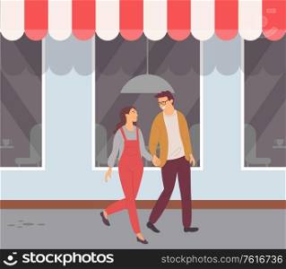 People on date in city vector, man and woman holding hands and walking along street with cafes and restaurants. Boyfriend and girlfriend in love flat style. Young Man and Woman Couple in Love in City Vector
