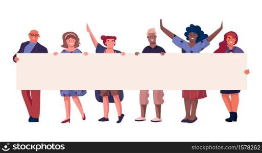 People on demonstration. Young persons holding empty horizontal banner with copy space, happy flat characters on meeting. Political multicultural activist manifestation vector cartoon illustration. People on demonstration. Persons holding empty horizontal banner with copy space, happy flat characters on meeting. Political multicultural activist manifestation vector illustration