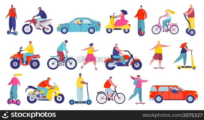 People on different city transport, characters riding personal vehicles. Men and women on bicycle, motorbike, scooter, skateboard vector set. Girls and boys roller skating, riding unicycle. People on different city transport, characters riding personal vehicles. Men and women on bicycle, motorbike, scooter, skateboard vector set