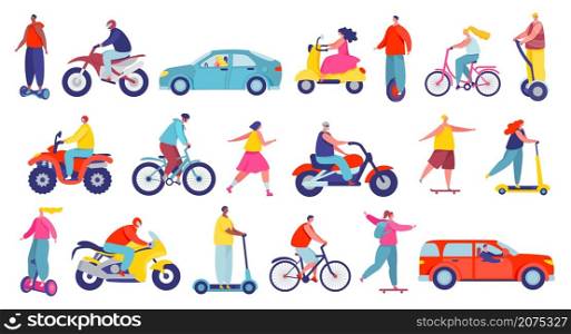 People on different city transport, characters riding personal vehicles. Men and women on bicycle, motorbike, scooter, skateboard vector set. Girls and boys roller skating, riding unicycle. People on different city transport, characters riding personal vehicles. Men and women on bicycle, motorbike, scooter, skateboard vector set