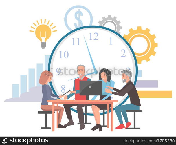 People on gathering business meeting concerning time management vector. Clock and cogwheel, chart and dollar currency sign symbol lightbulb partners. Time Management Business Conference, Teamwork