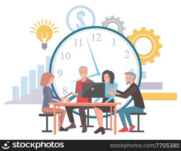People on gathering business meeting concerning time management vector. Clock and cogwheel, chart and dollar currency sign symbol lightbulb partners. Time Management Business Conference, Teamwork