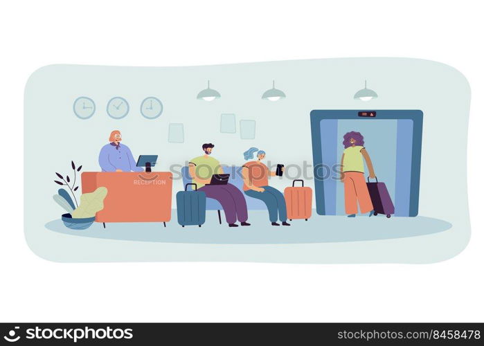 People on hotel reception isolated flat vector illustration. Cartoon receptionist standing at counter, woman using elevator, tourists sitting on sofa. Hostel interior and accommodation concept