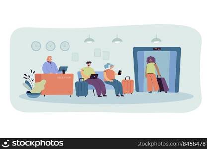 People on hotel reception isolated flat vector illustration. Cartoon receptionist standing at counter, woman using elevator, tourists sitting on sofa. Hostel interior and accommodation concept