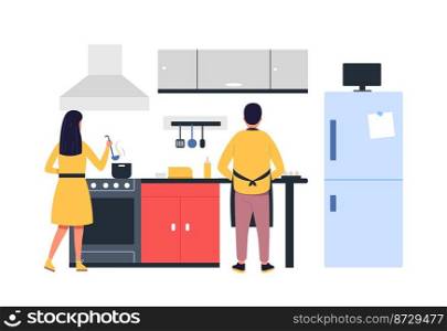 People on kitchen cooking dinner or breakfast. Vector of cooking at kitchen dinner food illustration, cook lunch and meal. People on kitchen cooking dinner or breakfast