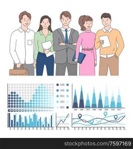 People on meeting brainstorming vector, man and woman with reports, statistics and analyzed info on infocharts and infographics, flat style diagram. Statistics and Business Data, Collaboration Team