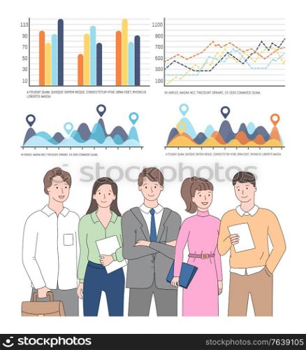 People on meeting brainstorming vector, man and woman with reports, statistics and analyzed info on infocharts and infographics, flat style diagram. Team holding documents, teamwork presentation. Statistics and Business Data, Collaboration Team