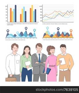 People on meeting brainstorming vector, man and woman with reports, statistics and analyzed info on infocharts and infographics, flat style diagram. Team holding documents, teamwork presentation. Statistics and Business Data, Collaboration Team