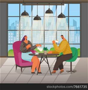 People on meeting drink coffee and talk in cafe. Man and woman sit on armchairs and have lunch. Coffeehouse with big window and urban cityscape. Cozy homelike interior. Vector illustration in flat. People Drink Coffee in Cafe, Cityscape in Window