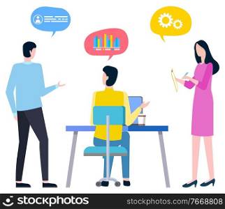 People on meeting vector, business conference discussion of man and woman. Person working on computer, woman with gear cogwheel and infocharts bubbles. Office Workers Working in Team, Startup Discussion
