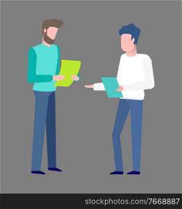 People on meeting vector, man with documents looking at papers and contract of coworker, bearded character wearing formalwear suit, colleagues conference. Partners of Business, Males with Documents Vector