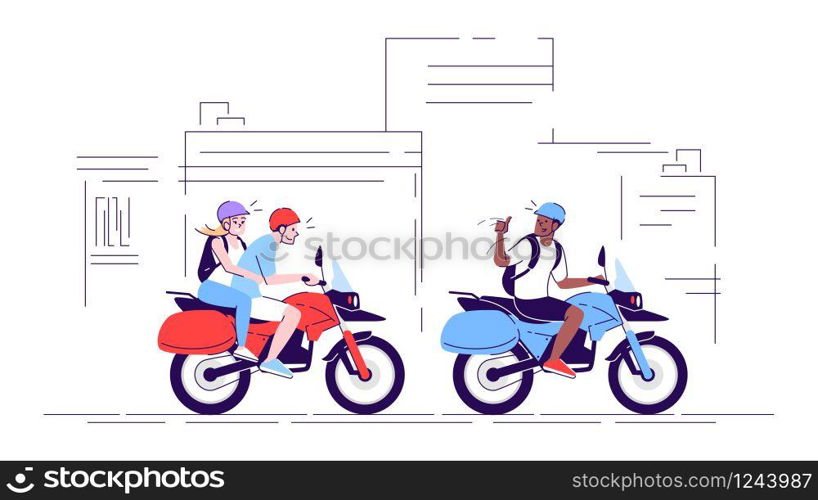 People on motorcycles flat doodle illustration. Tourists riding bikes in city. Couple using local transport with guide. Indonesia tourism 2D cartoon character with outline for commercial use