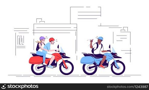 People on motorcycles flat doodle illustration. Tourists riding bikes in city. Couple using local transport with guide. Indonesia tourism 2D cartoon character with outline for commercial use