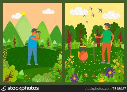 People on nature vector, person camping and cooking food in pot on bonfire, man looking in binoculars, mountains and hills, flying swallows summer. Summer Camping of People, Person Cooking Food