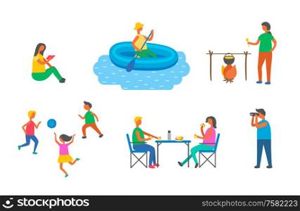 People on picnic and camping vector, pastime free time. Playing children with ball, man in inflatable ship sailing, woman reading, cooking and eating. People on Picnic and Camping, Pastime Free Time