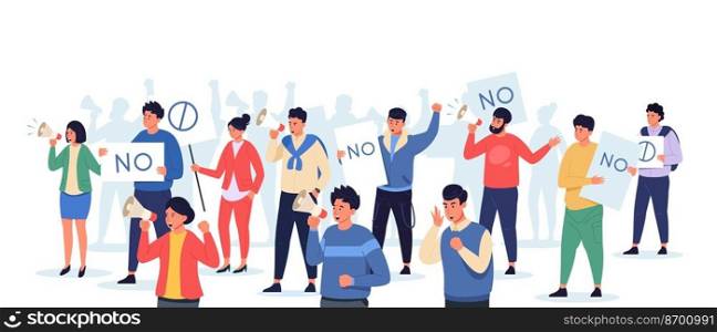 People on protest. Crowd of activists with placards on strike peaceful demonstration, cartoon characters together holding banners. Vector illustration. Group of man and woman with loudspeakers. People on protest. Crowd of activists with placards on strike peaceful demonstration, cartoon characters together holding banners. Vector illustration