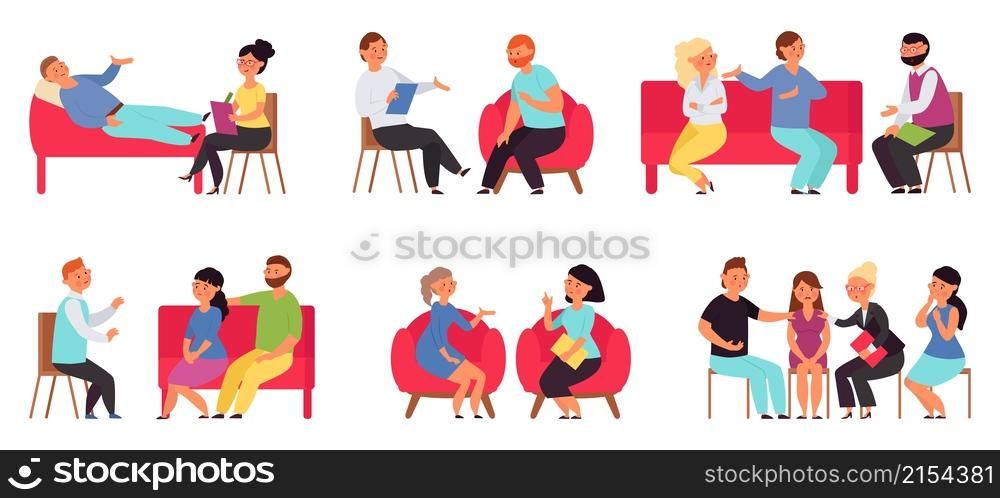 People on psychotherapy. Support, therapy and mental problems. Isolated patients, man on couch. Professional psychologist consulting decent vector scenes. Illustration of psychotherapy support. People on psychotherapy. Support, therapy and mental problems. Isolated patients, man on couch. Professional psychologist consulting decent vector scenes
