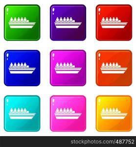 People on ship icons of 9 color set isolated vector illustration. People on ship set 9