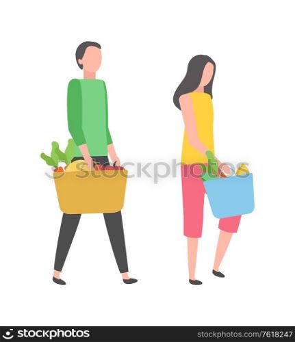 People on shopping buying products isolated cartoon characters. Vector male and female with baskets full of grocery food, vegetables and greens, flat style. People Shopping, Buy Products Isolated Man, Woman