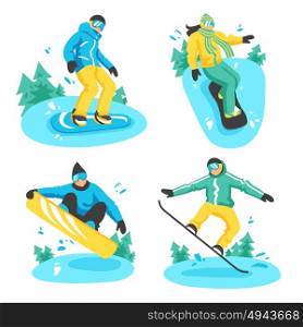 People On Snowboard Design Compositions. Four colored design compositions with people on snowboard in different poses riding from snowy mountain top flat vector illustration