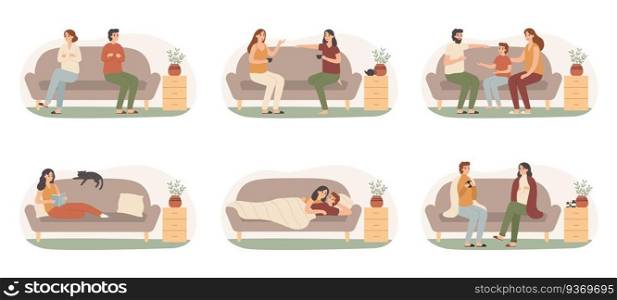 People on sofas. Happy healthy adults on couch, recovering sickness family and people on sofa basking under blanket. Families or friends sitting on couch together isolated vector icons set. People on sofas. Happy healthy adults on couch, recovering sickness family and people on sofa basking under blanket vector set