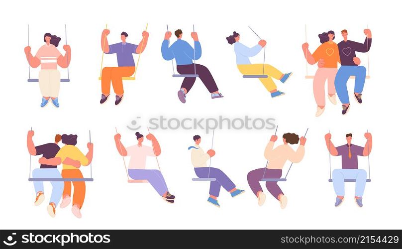 People on swing. Adults swinging, couple swings sitting. Romantic dating, isolated cartoon person in love. Flat dreaming utter vector characters. Illustration of person swing carefree and relaxation. People on swing. Adults swinging, couple swings sitting. Romantic dating, isolated cartoon person in love. Flat dreaming utter vector characters