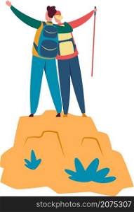 People on top of mountain, reach to goal. Vector achieve goal, motivation to climbing, character climb to achievement illustration. People on top of mountain, reach to goal