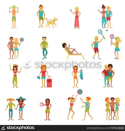 People on vacation beach party summer holidays set isolated vector illustration. Vacation People Set