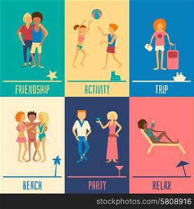 People on vacation design concept set with friendship activity relax trip beach party symbols isolated vector illustration. Vacation People Set