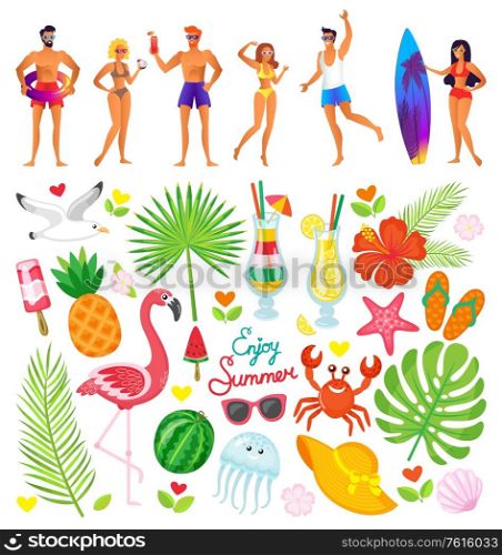 People on vacation spending summertime at beach vector. Person with surfing board, summer elements palm tree and pineapple, watermelon and sunglasses icon. Tourism and Traveling Surfers and People Vacation