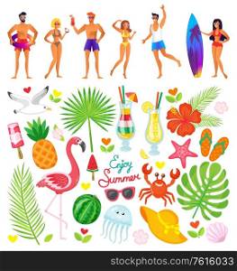 People on vacation spending summertime at beach vector. Person with surfing board, summer elements palm tree and pineapple, watermelon and sunglasses icon. Tourism and Traveling Surfers and People Vacation