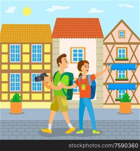 People on vacation vector, couple traveling together, walking along old city streets. Summer holiday, relaxation and sightseeing. Buildings design. European City Travelers, Tourists in Old Town