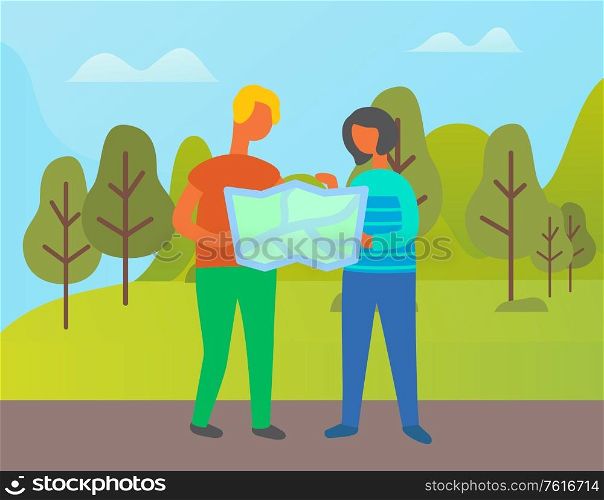 People on vacation vector, man and woman holding map and looking for right destination. Couple got lost in forest, pair searching way out, camping family. Adventure of Woman and Man Couple with Map Atlas