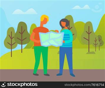 People on vacation vector, man and woman holding map and looking for right destination. Couple got lost in forest, pair searching way out, camping family. Adventure of Woman and Man Couple with Map Atlas
