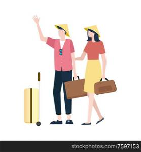 People on vacation vector, man and woman walking with bags rest in warm countries. Couple exploring Asia and Asian destinations, arrived male and female. People Wearing Special Chinese Hats with Baggage