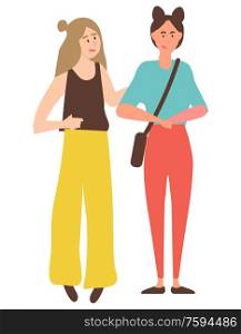 People on weekend vector, woman with friend walking holding hands. Ladies talking while strolling, person carrying handbag, female group friendship. Female Friends Walking Calmly and Talking Isolated