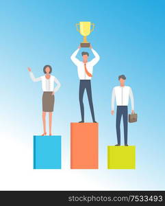 People on winners podium isolated vector. Businessman achieving business excellence, man on pedestal win first prize golden trophy cup, cartoon characters. People Winners Podium Isolated Vector Businessman