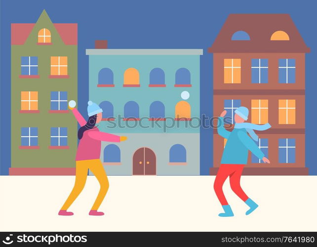 People on winter vacations playing games vector. Man and woman having fun with snowball fights. Kids outdoors spending time together. City street with buildings in row flat style illustration. People Playing Snowball Fight in Evening City