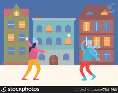 People on winter vacations playing games vector. Man and woman having fun with snowball fights. Kids outdoors spending time together. City street with buildings in row flat style illustration. People Playing Snowball Fight in Evening City