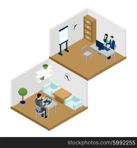 People Online Illustration . People communicating online in the room with laptop and computer isometric vector illustration