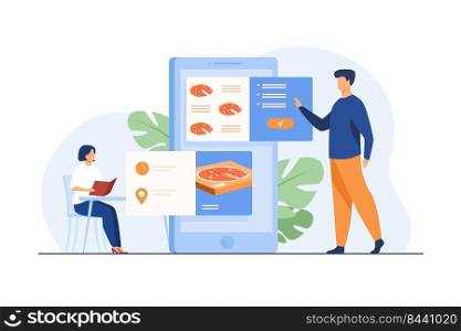 People ordering food in cafe and online. Man using mobile app and choosing pizza for delivery. Vector illustration for application, restaurant service, fast food concept