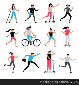 People outdoor activity. Healthy community, walking man and jogging woman. Running teenagers, skateboarding and cycling kids. Persons in summer urban activities vector set. People outdoor activity. Healthy community, walking man and jogging woman. Running teenagers, skating and cycling kids vector set