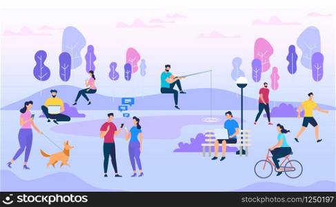 People Outdoors. Active Men and Women on City Street and Park. Summer Activity. Healthy Lifestyle. Meeting Friends, Ride Bike, Walking Pets, Fishing, Communication. Cartoon Flat Vector Illustration.. People Crowd Outdoors. Active Men and Women Walk