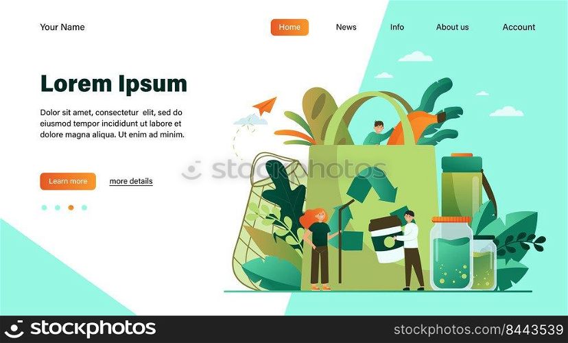 People packing organic food into eco bag, sorting plastic waste for recycling. Vector illustration for eco friendly shopping, sustainable development, environment care concept
