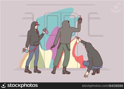 People painting subway train with graffiti. Vandals drawing subculture art with aerosol paints on train. Vandalism and sabotage concept. Vector illustration.. Vandals painting subway with graffiti